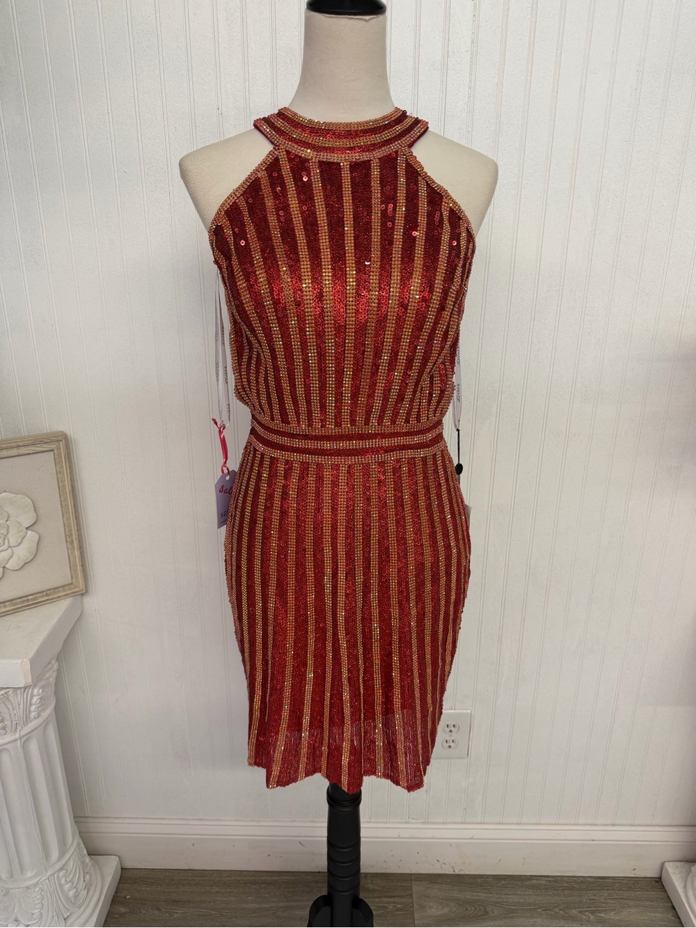 Jovani Burgandy Sequin Halter Sheath Dress